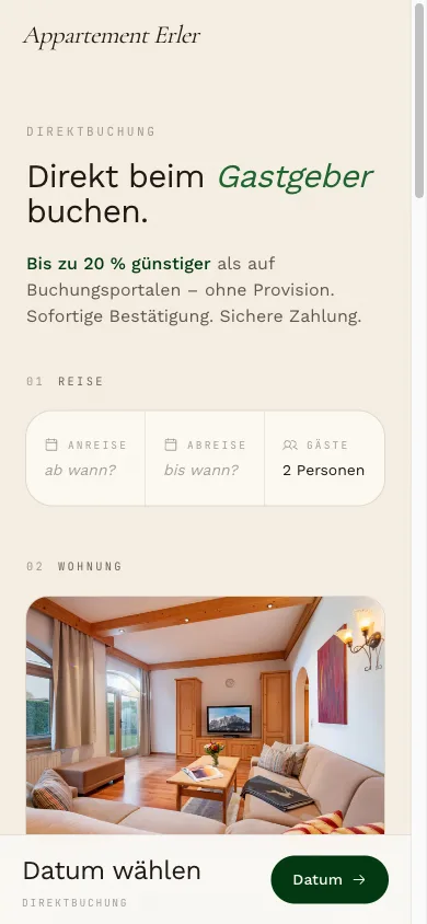 Die Direktbuchung der Ferienwohnungs-Website mit Preis und freien Terminen am Handy