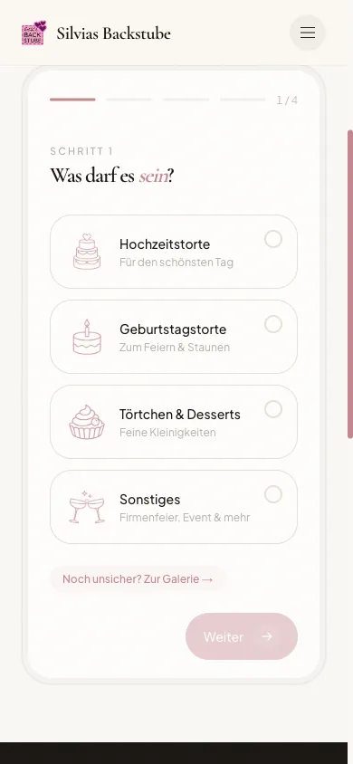 Der geführte Anfrageweg der Konditorei-Website, Schritt für Schritt am Handy